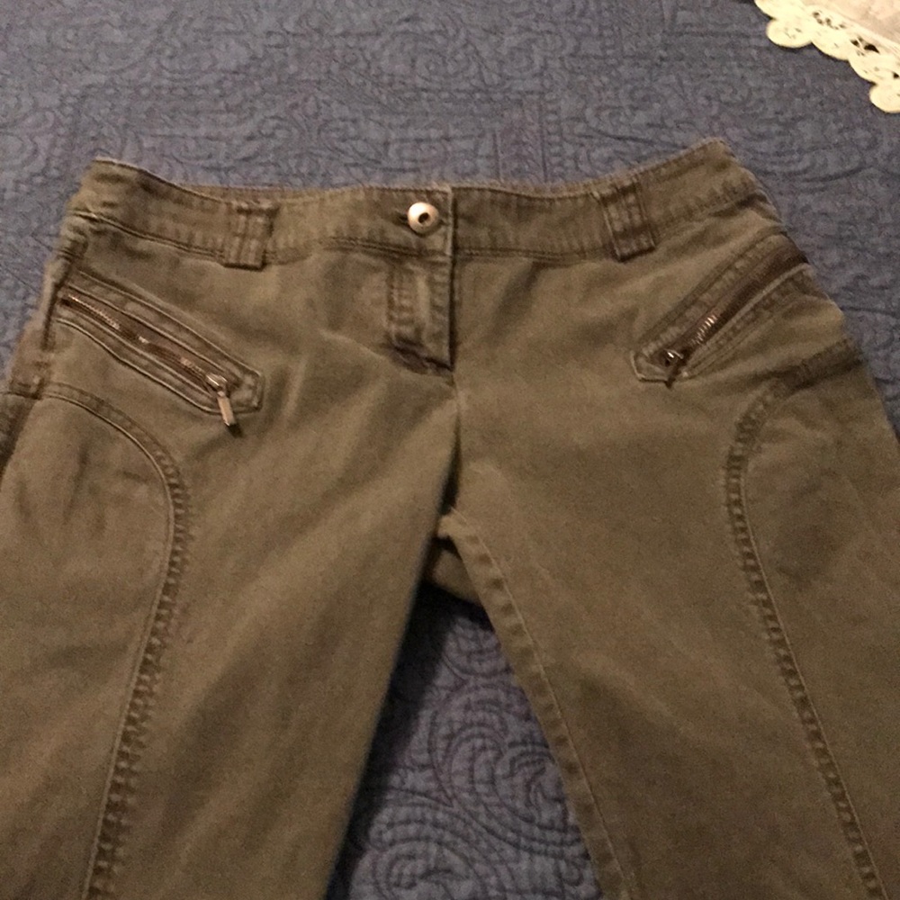 Army green riding style jeans